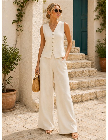 Conjunto chaleco liso con botones flor y pantalón wide leg