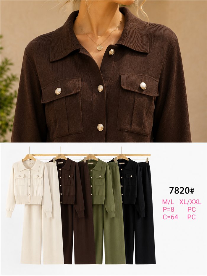 Completo composto da giacca in maglia con tasche e pantaloni a gamba larga
