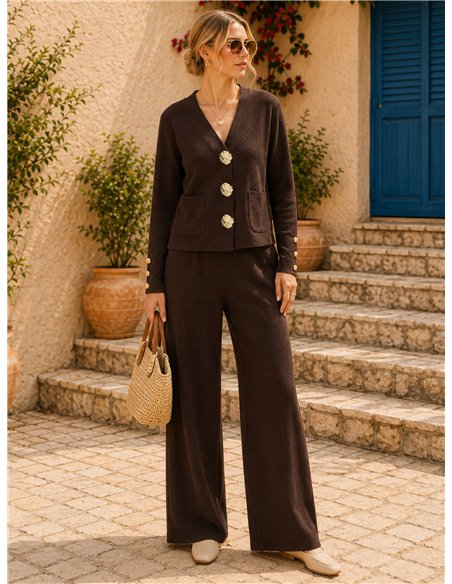 Veste en maille à boutons effet martelé et pantalon à jambes larges
