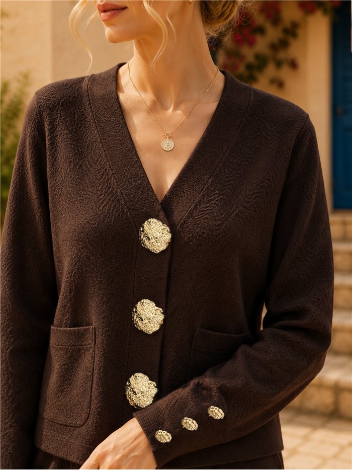 Veste en maille à boutons effet martelé et pantalon à jambes larges