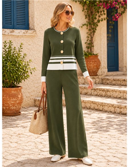 Ensemble veste en maille à rayures contrastantes et pantalon à jambes larges