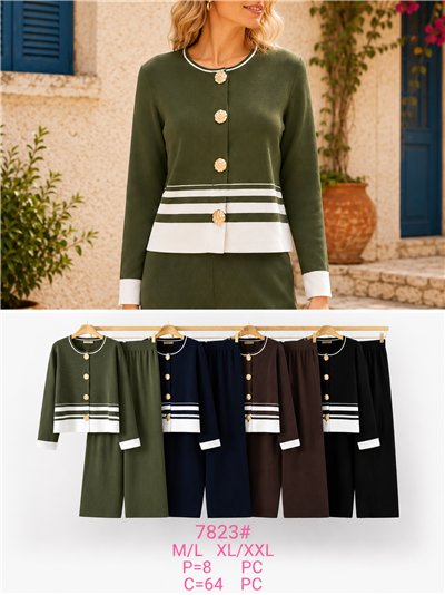Conjunto de jaqueta de tricô com listras contrastantes e calça pantalona 2