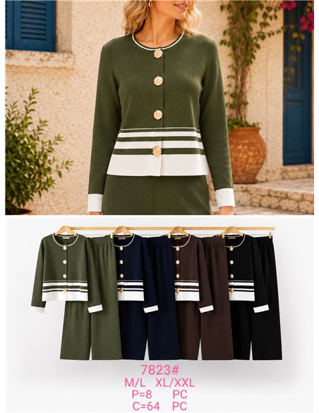 Ensemble veste en maille à rayures contrastantes et pantalon à jambes larges