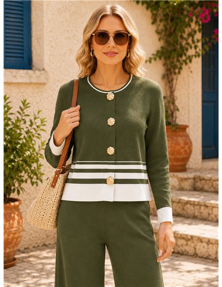 Ensemble veste en maille à rayures contrastantes et pantalon à jambes larges