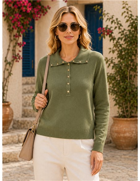 Jersey cuello polo con botones dorados