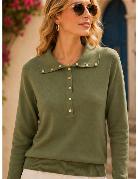 Jersey cuello polo con botones dorados