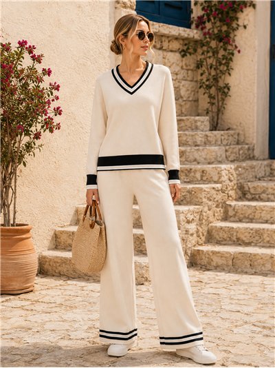 Conjunto jersey contraste cuello pico y pantalón wide leg