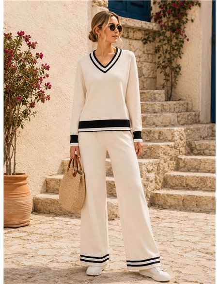 Conjunto jersey contraste cuello pico y pantalón wide leg