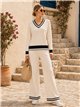 Conjunto jersey contraste cuello pico y pantalón wide leg