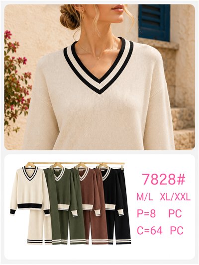 Conjunto jersey contraste cuello pico y pantalón wide leg 2