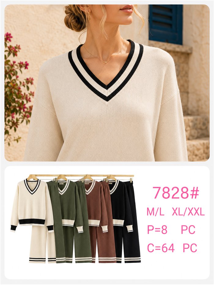 Conjunto jersey contraste cuello pico y pantalón wide leg