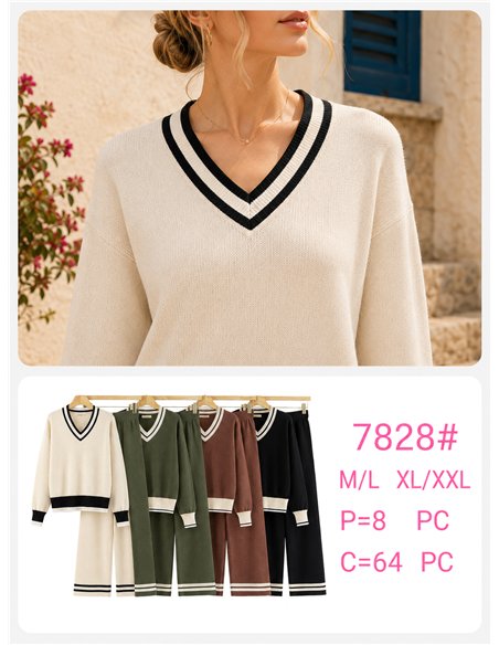 Conjunto jersey contraste cuello pico y pantalón wide leg