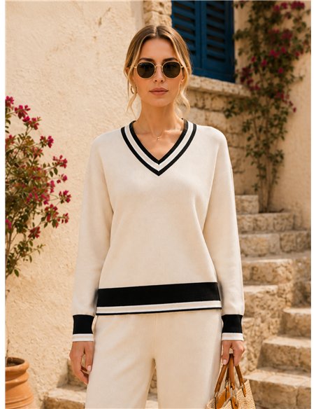 Conjunto jersey contraste cuello pico y pantalón wide leg