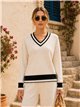 Conjunto jersey contraste cuello pico y pantalón wide leg