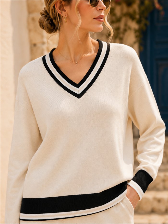 Conjunto jersey contraste cuello pico y pantalón wide leg
