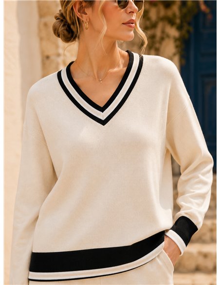 Conjunto jersey contraste cuello pico y pantalón wide leg