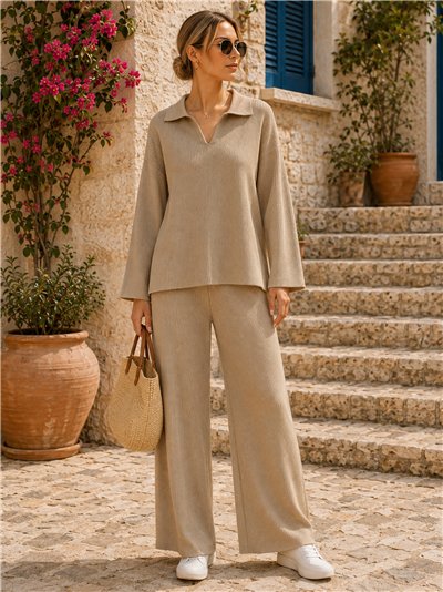 Conjunto jersey amplio canalé cuello polo y pantalón wide leg
