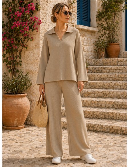 Conjunto de suéter de gola alta canelado e calça pantalona