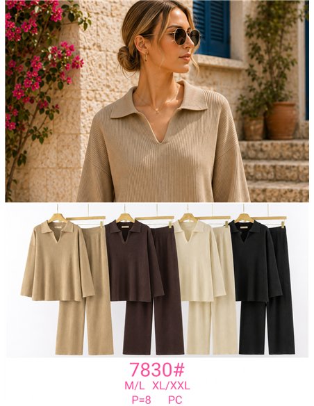 Conjunto de suéter de gola alta canelado e calça pantalona