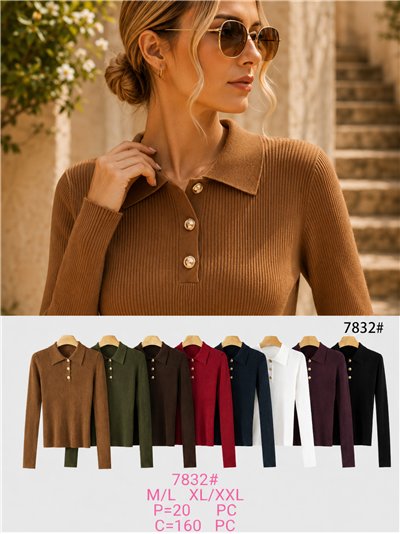 Jersey de punto canalé cuello polo con botones dorados 2