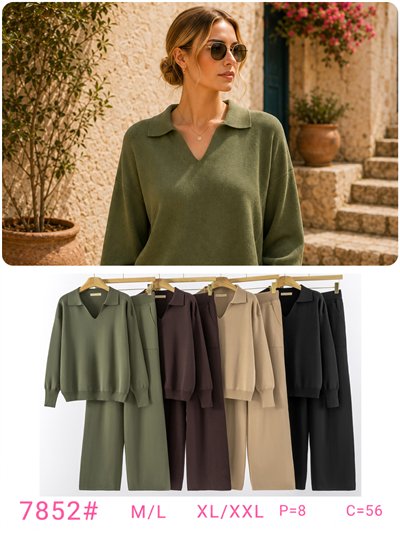 Conjunto jersey liso cuello polo y pantalón wide leg 2