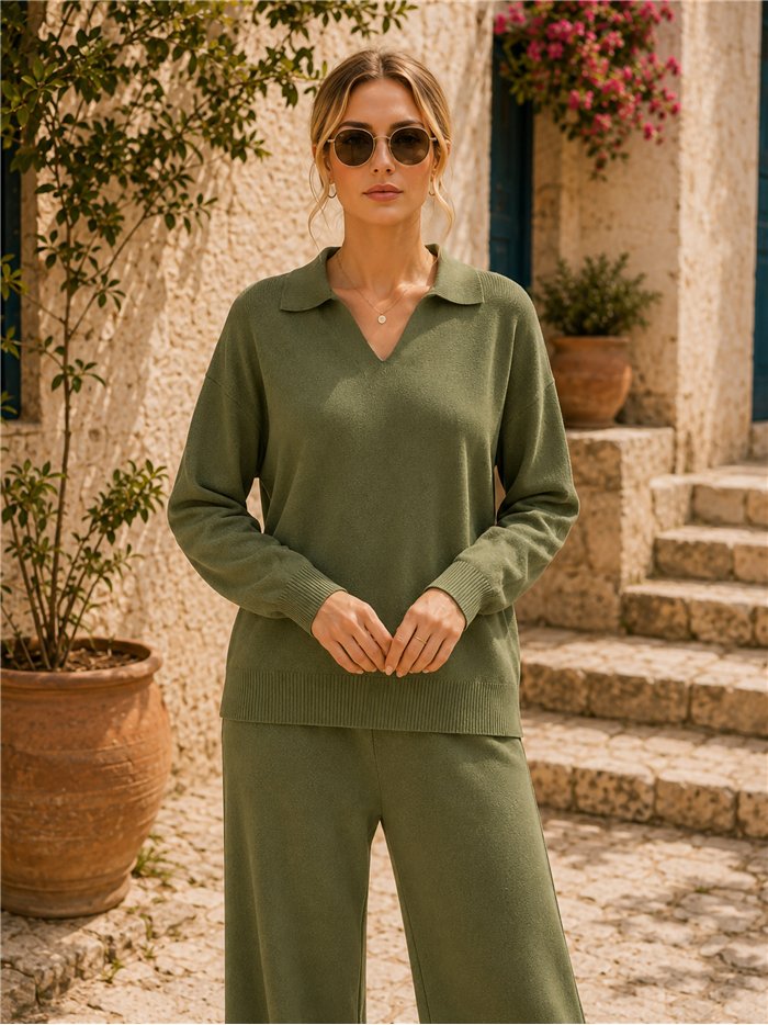 Conjunto de suéter de gola alta liso e calça pantalona