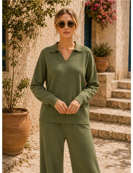 Conjunto de suéter de gola alta liso e calça pantalona