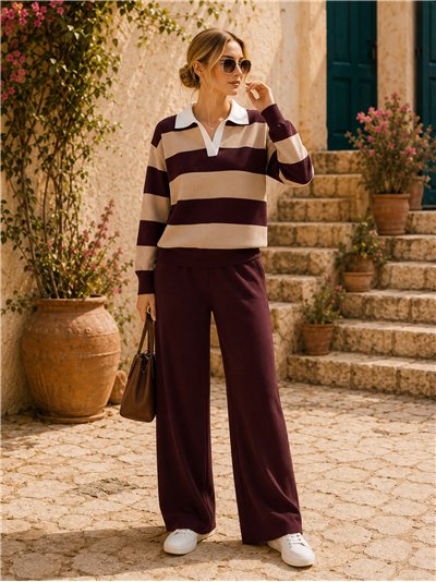 Conjunto jersey rayas cuello camisero contraste y pantalón wide leg