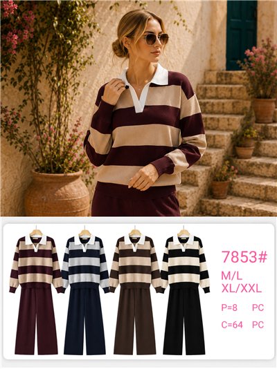 Conjunto jersey rayas cuello camisero contraste y pantalón wide leg 2