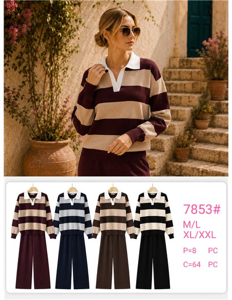 Conjunto de suéter listrado com gola de camisa contrastante e calças de pernas largas.