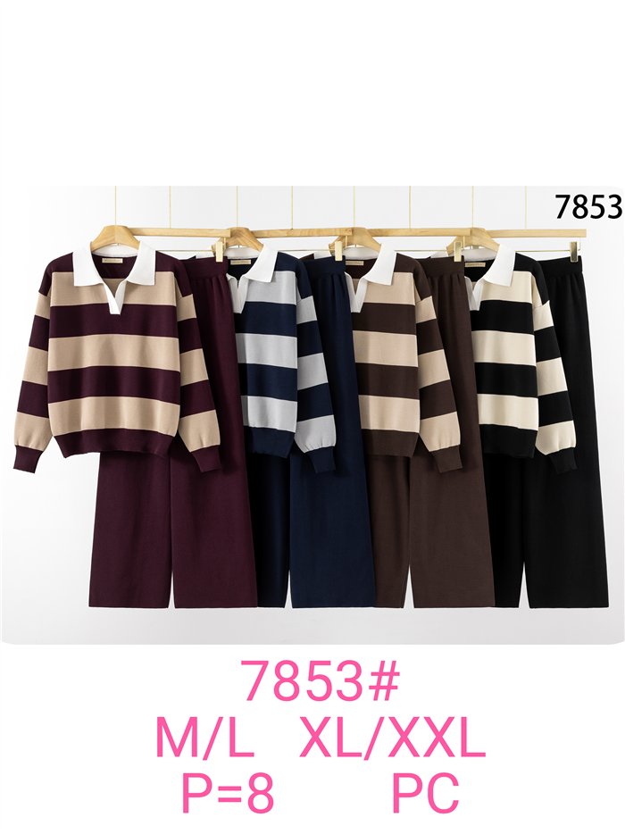 Conjunto de suéter listrado com gola de camisa contrastante e calças de pernas largas.