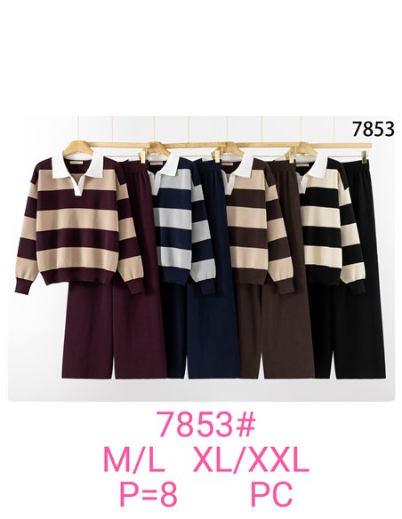 Conjunto de suéter listrado com gola de camisa contrastante e calças de pernas largas.
