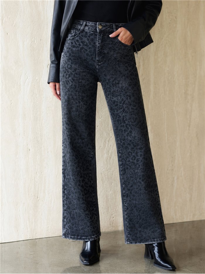 Jeans wide leg animal print strass 