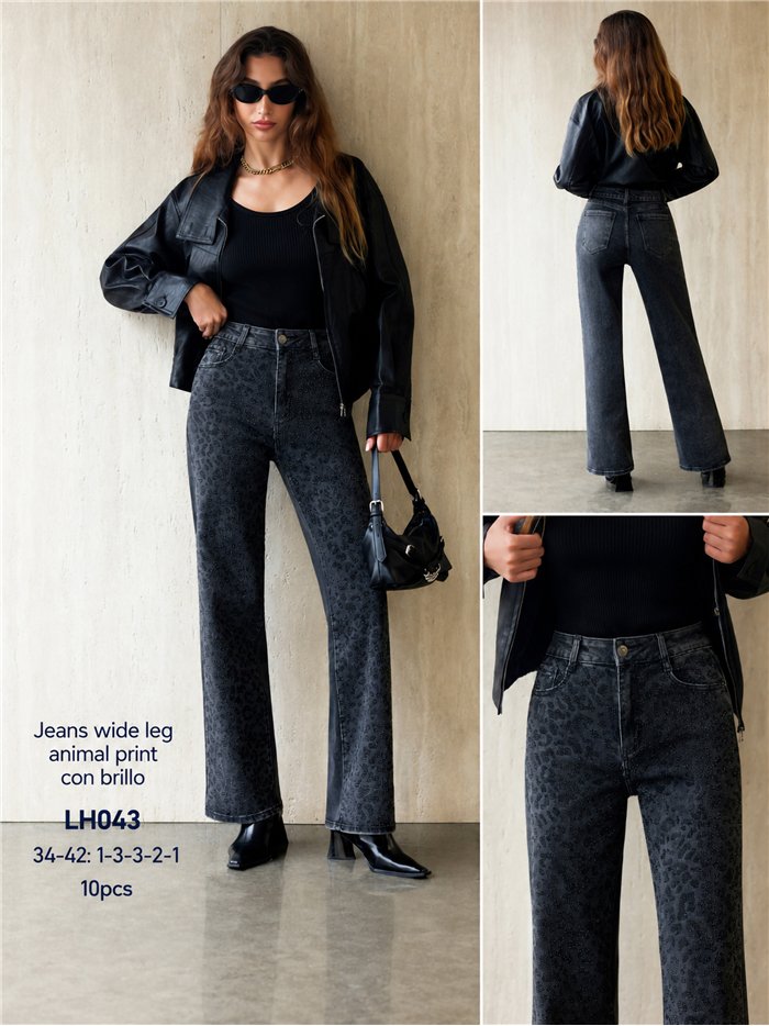 Jeans wide leg animal print strass 