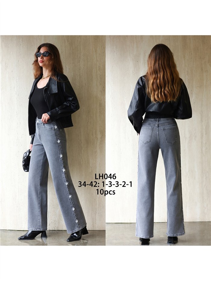 Jeans wide leg estrellas bordadas y tachas