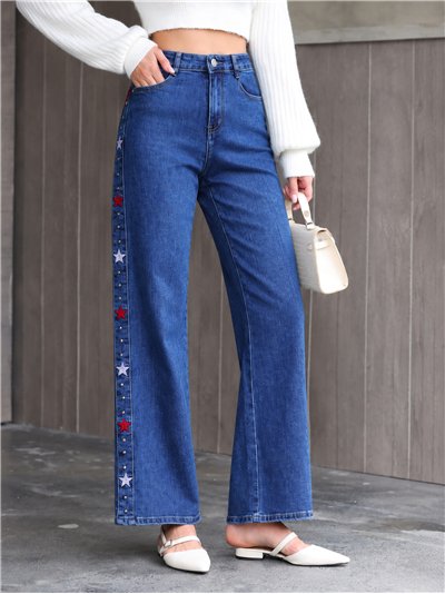 Jeans wide leg estrellas bordadas y tachas