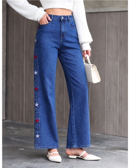 Jeans wide leg estrellas bordadas y tachas