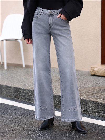 Jeans wide leg gris texto bordado