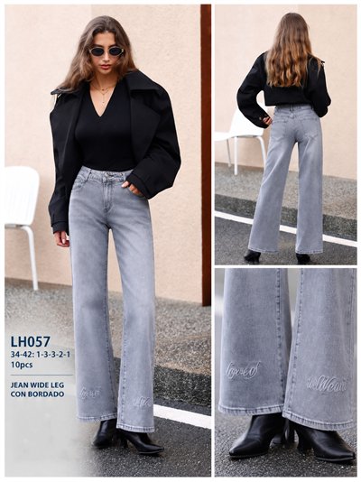 Jeans wide leg gris texto bordado 2