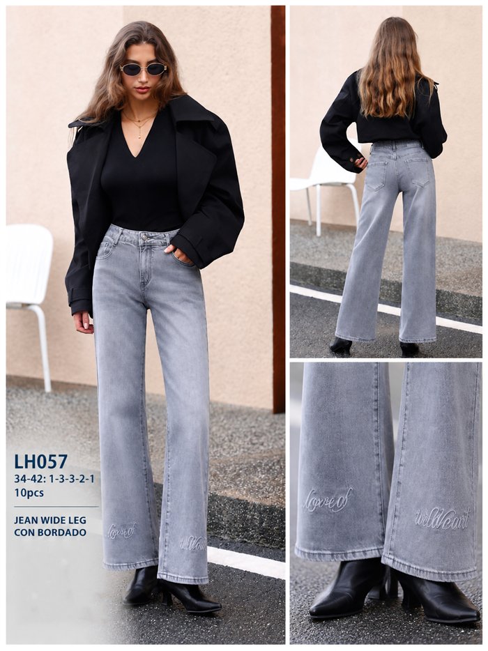 Jeans wide leg gris texto bordado