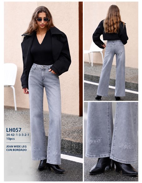 Jeans wide leg gris texto bordado