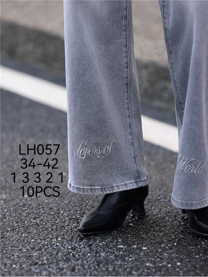Jeans wide leg gris texto bordado