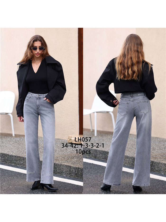 Jeans wide leg gris texto bordado