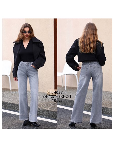 Jeans wide leg gris texto bordado