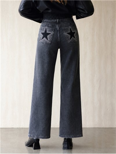 Jeans wide leg bolsillo con estrellas y strass