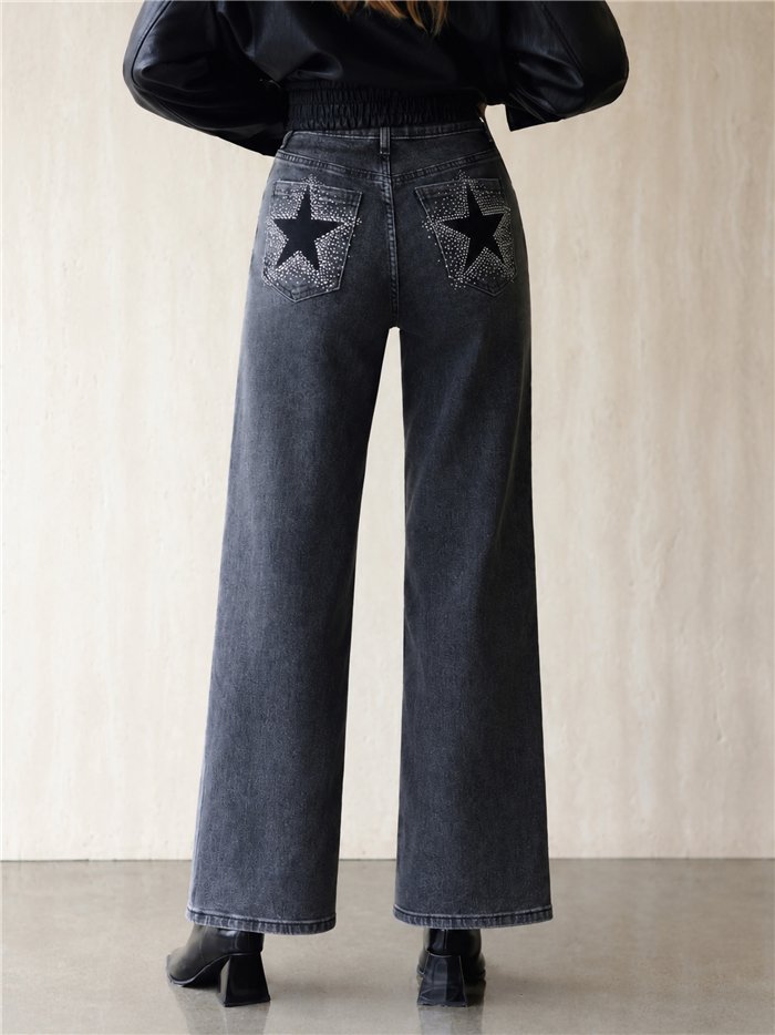 Jeans wide leg bolsillo con estrellas y strass