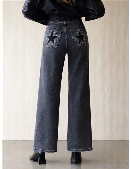 Jeans wide leg bolsillo con estrellas y strass