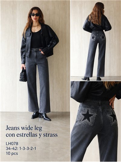 Jeans wide leg bolsillo con estrellas y strass 2