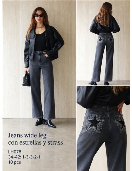 Jeans wide leg bolsillo con estrellas y strass