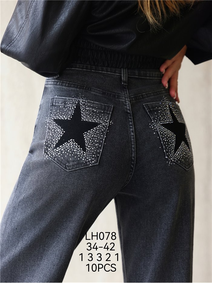 Jeans wide leg bolsillo con estrellas y strass